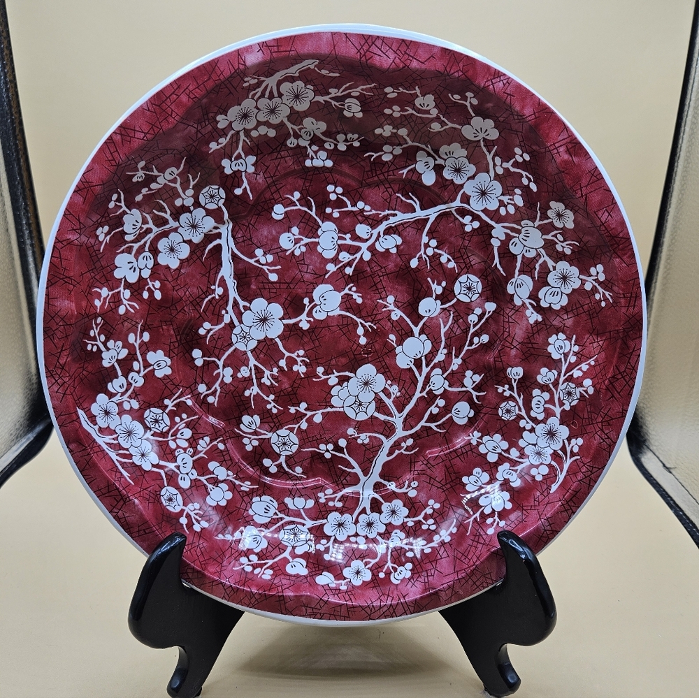 Vintage 1971 Daher Ware Red & White Floral Round Metal 10" Bowl, England